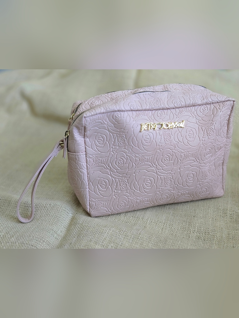 Betsey Johnson Baby Pink Large Quilted Rose Cosmetic Bag